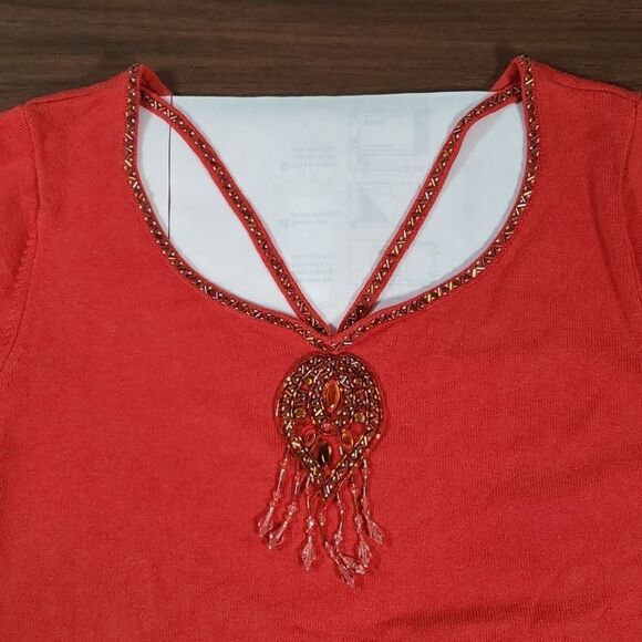 Bob Mackie Wearable Art Cut Out Neckline Necklace Look Beaded Rust Sweater Large - Picture 5 of 9